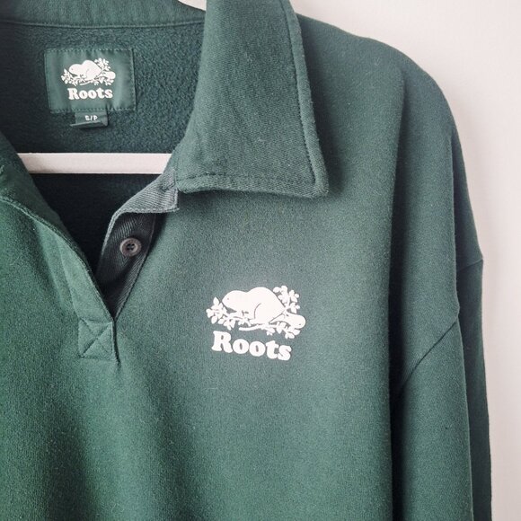 ROOTS Organic Original 1/4 Button Collar Sweatshirt - Varsity Green - Picture 2 of 8